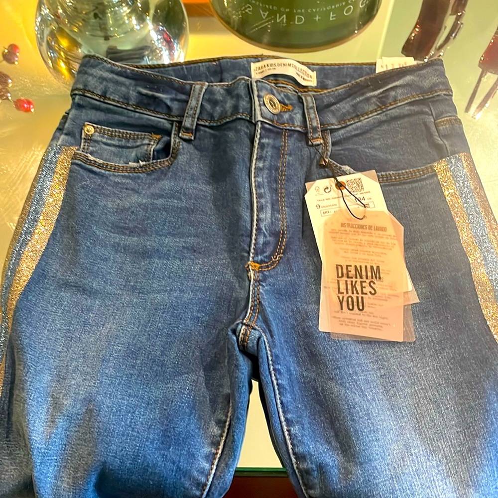 Zara Kids blue jeans glitter stripes on the sides